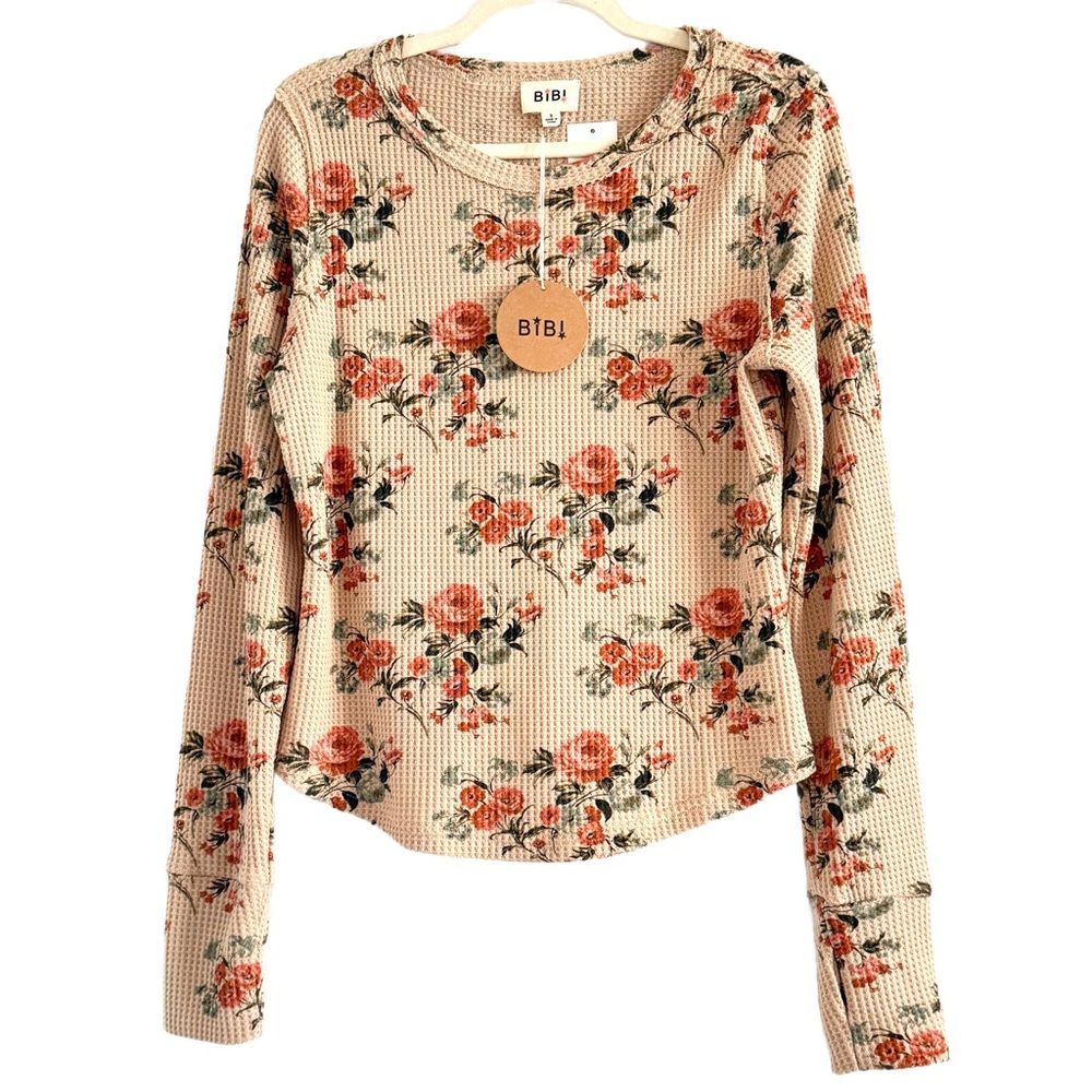 🌻 BiBi Floral Print Washed Waffle Thermal Top with Thumb